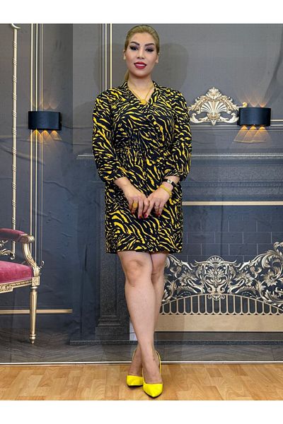 Yeşilmoda Jacket Dress, Silk Crepe, Zebra Print, Belt, Silk Lining, Vyaka, Belt, Black Yellow, Women's