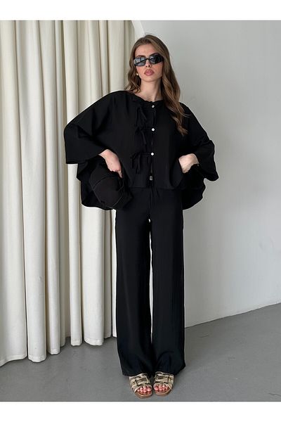 Laluvia Black Collar Stitching Detail Blouse Pants Suit - 9002