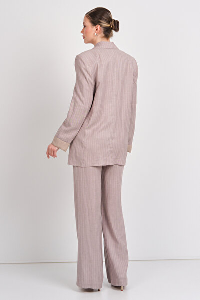 AYHAN Γυναικείο Μπουφάν με ριγέ λινό με κουμπιά 0860 Καφέ