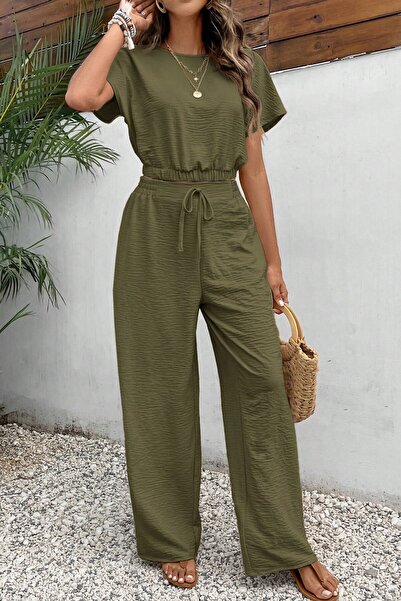 MODAGEN Kadın Yeşil Kısa Kollu Bisiklet Yaka Crop Pantolon Alt-Üst Takım