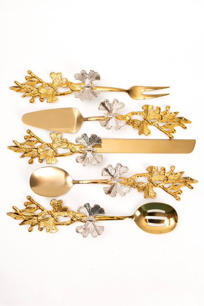 NEWTREND Züccaciye 5-Piece Gold Butterfly Handle Serving Presentation, Salad, Pasta, Cake, Food Tongs 18/10 Stainless Steel