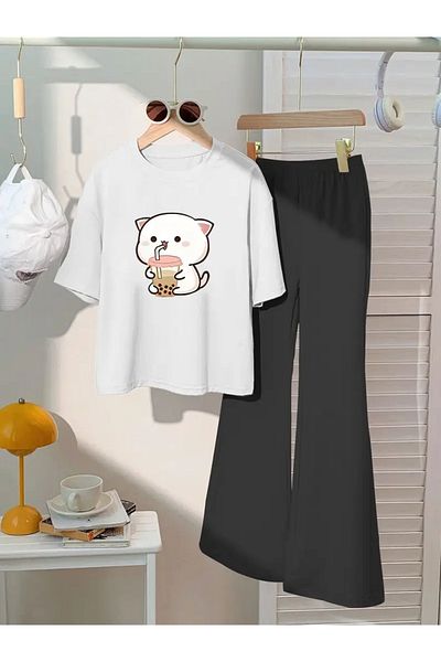 npLStore Children's Cat Printed T-Shirt Spanish Leg Tracksuit Set