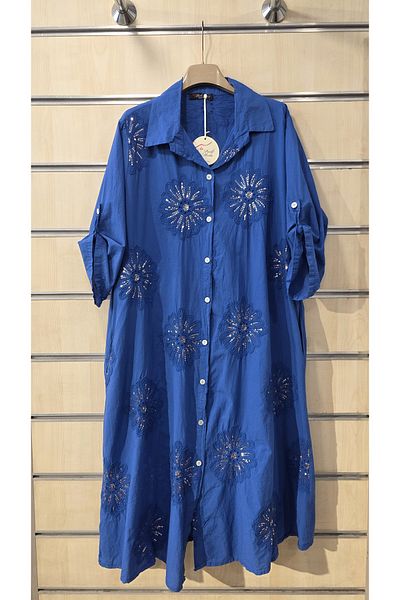 Park Moda Italian Cotton Shirt Dress with Floral Sequin Detail