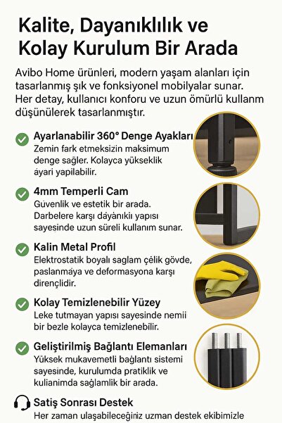 AVİBO HOME Zerura Siyah Çerçeveli Cam Raflı Dresuar Modern İnce Tasarım "100*85*20"