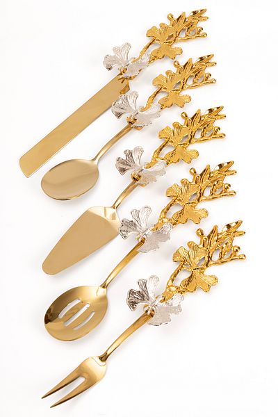 NEWTREND Züccaciye 5-Piece Gold Butterfly Handle Serving Presentation, Salad, Pasta, Cake, Food Tongs 18/10 Stainless Steel