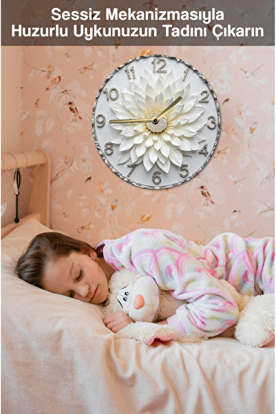 kutuTR 🌸 Beyaz Çiçek MDF Duvar Saati | Çift Katmanlı | Sessiz Mekanizmalı | 3D Görünümlü | 33 cm sdw277