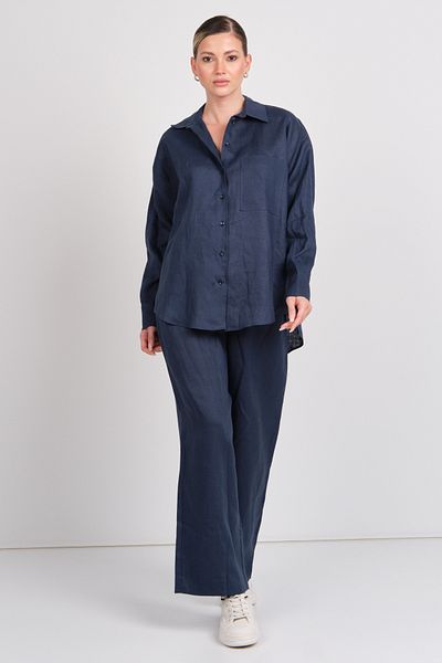 AYHAN Women's Double Pocket Elastic Waist 100% Linen Trousers 1240 Navy Blue