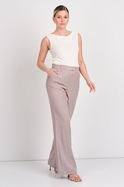 AYHAN Women's Striped Pocket Linen Trousers 1197 Brown