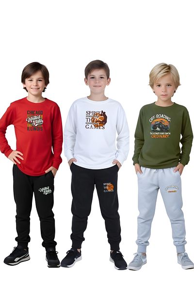 FYK COLLECTİON 3-Piece Round Neck Printed Boy's Bottom-Up Set