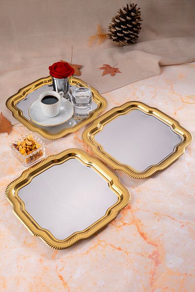 NEWTREND Züccaciye 3-Piece Luxury Patterned Daisy Square Model Silver Serving, Tea, Coffee Presentation Tray