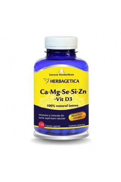 herbagetica Ca+Mg+Se+Si+Zn cu Vit D3 Complex Forte 120 Capsule