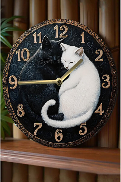 kutuTR 🐱   Mdf Wall Clock with Black and White Cat Figure |   Double Layer – Silent Mechanism – 33 cm Sdw033