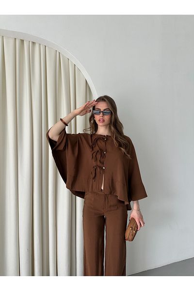 Laluvia Brown Collar Stitching Detailed Blouse Pants Set - 9002