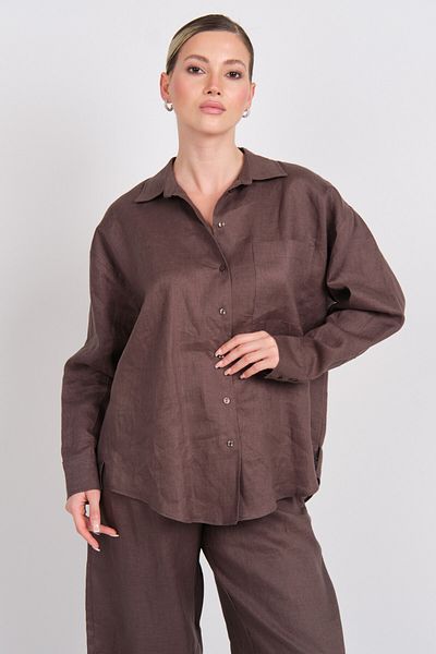 AYHAN Women's Long Sleeve Single Pocket 100% Linen Shirt 0941 Brown
