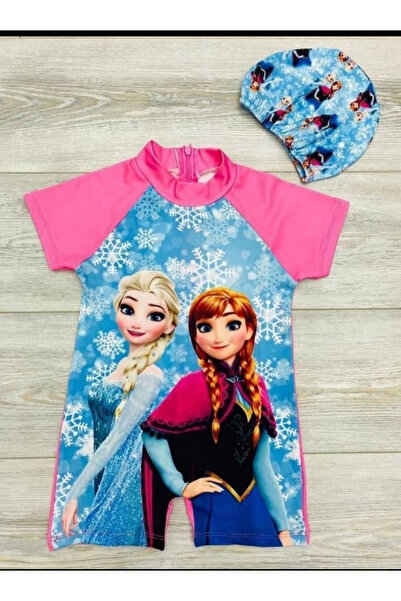 mayakids Frozen Elsa Anna Baskılı Kız Çocuk Pembe Mayo ve Bone Takımı