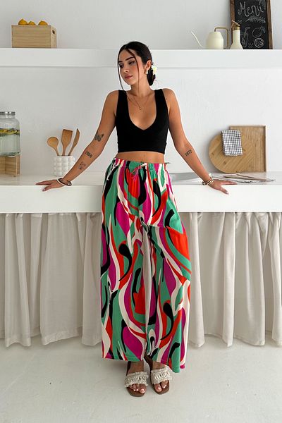 FEMELLE Women's Standard Size Elastic Waist High Waist Woven Viscose Loose Casual Pants