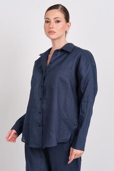 AYHAN Women's Long Sleeve Single Pocket 100% Linen Shirt 0941 Navy Blue