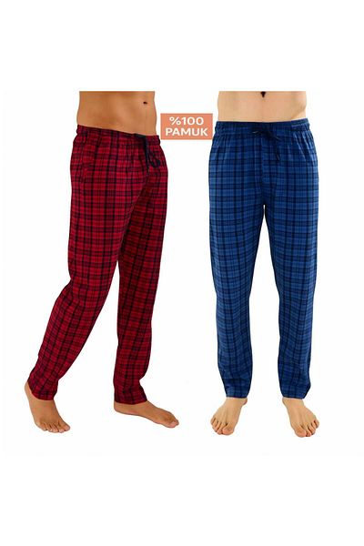DÜVEN Men's Cotton Plaid Burgundy & Indigo 2-Piece Single Bottom Pajamas - Seasonal Men's Unisex Pajama Bottoms