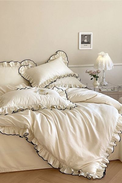 GÖRMEZ TEKSTİL Double Ruffle Ornamental Stitched Duvet Cover Set Ecru Organic Cotton