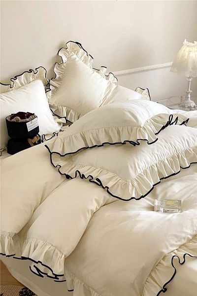 GÖRMEZ TEKSTİL Double Ruffle Ornamental Stitched Duvet Cover Set Ecru Organic Cotton