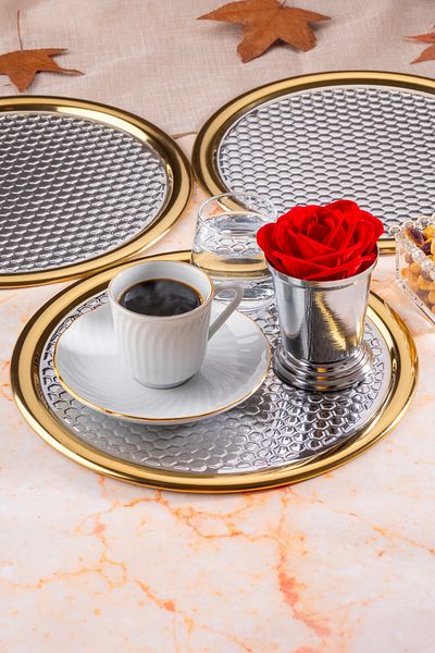 NEWTREND Züccaciye 3-Piece Luxury Medium Patterned Edge Coated Round 22 cm Model Silver Serving, Tea, Coffee Presentation Tray