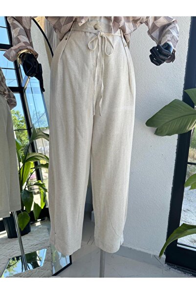 Orfeo Negro Düğme Detaylı Keten Pantolon Taş