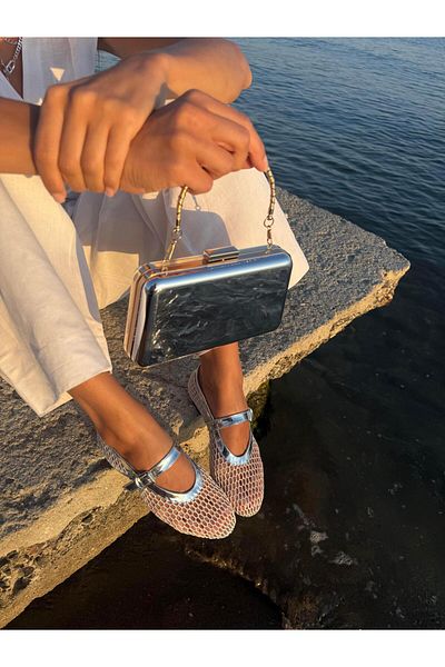 Eataly Shoes Cody Silver Glitter Big Mesh Belt Detailed Ballerinas