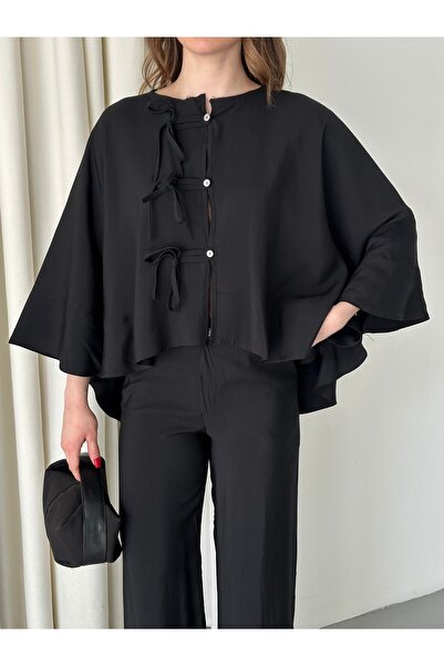 Laluvia Black Collar Stitching Detail Blouse Pants Suit - 9002
