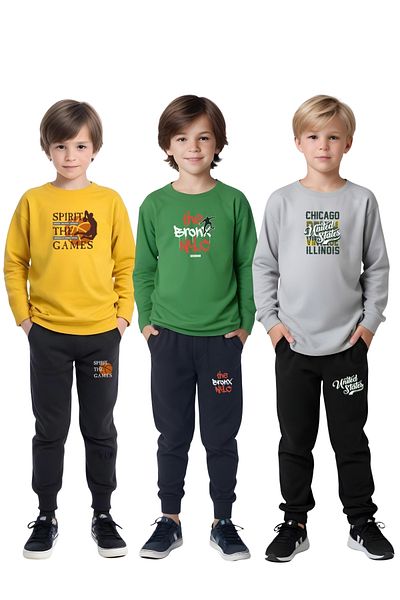FYK COLLECTİON 3-Piece Round Neck Printed Boy's Bottom-Up Set