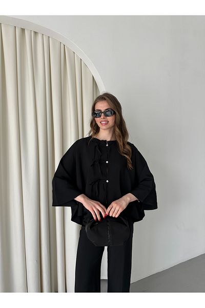 Laluvia Black Collar Stitching Detail Blouse Pants Suit - 9002