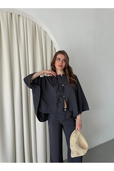 Laluvia Anthracite Collar Stitching Detailed Blouse Trousers Set - 9002