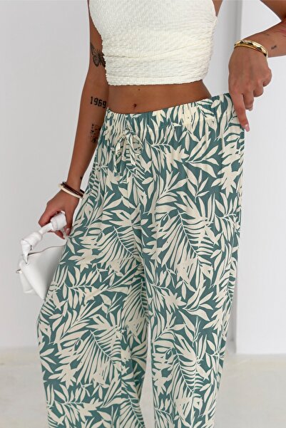 FEMELLE Kadın Standart Beden Beli Lastikli Yüksek Bel Dokuma Viskon Bol Rahat Pantolon