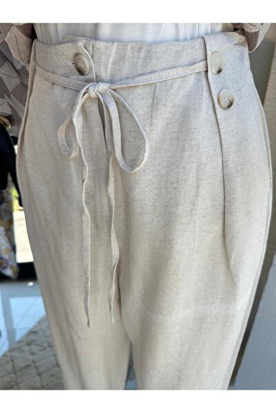 Orfeo Negro Düğme Detaylı Keten Pantolon Taş