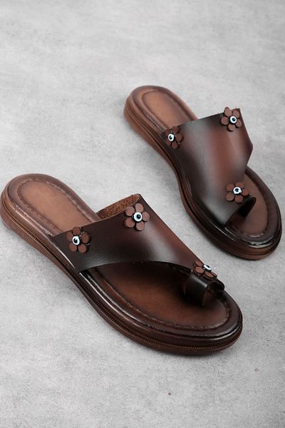 Lal Shoes & Bags Arrive Women's Finger Slip-On Evil Eye Beaded Slippers-Brown