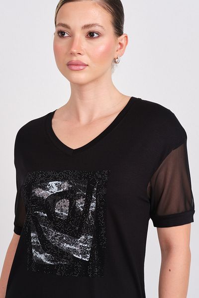 DAIDO Women's Stone and Sequin Embroidered Sleeves Tulle V Neck Blouse 5831 Black