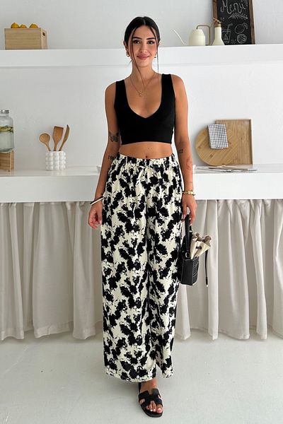FEMELLE Pantaloni casual largi din viscoză țesut cu talie înaltă pentru femei
