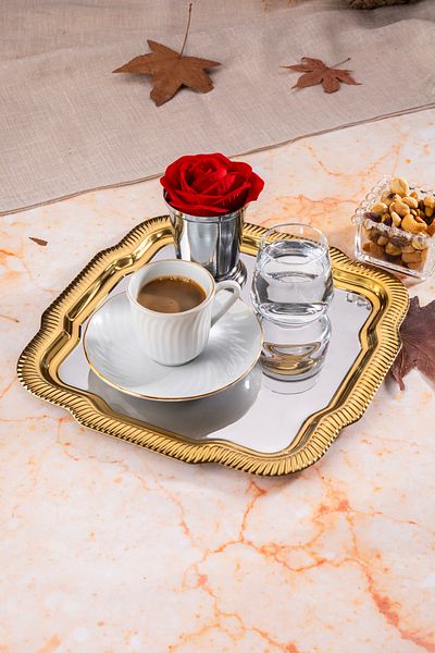 NEWTREND Züccaciye 1 Luxury Patterned Daisy Square Model with Edge Decoration Silver Serving, Tea, Coffee Presentation Tray