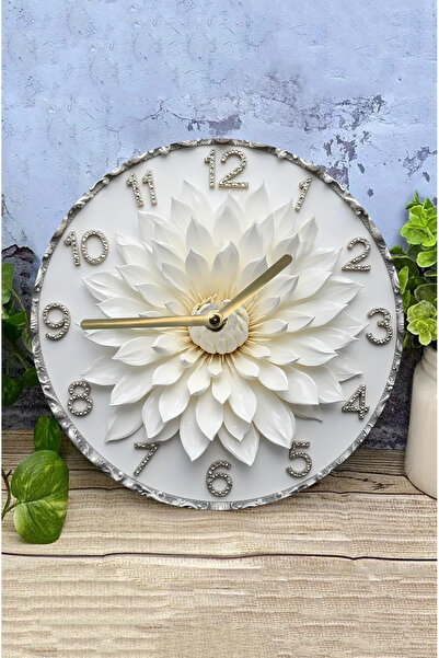 kutuTR 🌸 Beyaz Çiçek MDF Duvar Saati | Çift Katmanlı | Sessiz Mekanizmalı | 3D Görünümlü | 33 cm sdw277