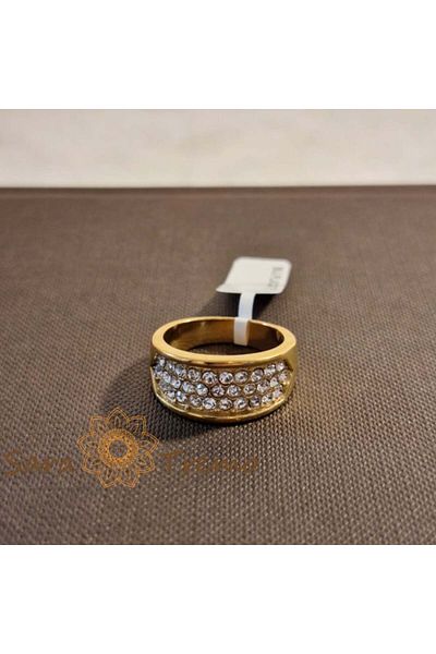 saratremo Wide gold-plated ring for women – facade with white zirconia crystals