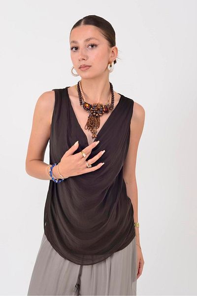 Park Moda 64967 Degaje Collar Sleeveless Silk Bluz