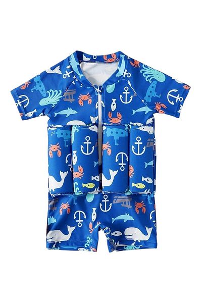 Toybox Kids Float Suit One-Piece Cartoon Short Sleeve Swimwear Jumpsuit, Blue, Size XXL(57x55cm)For 4-5 Yrs