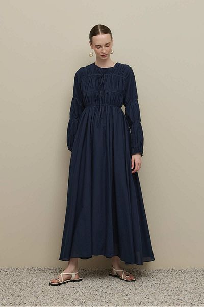 Fahhar Gathered Detailed Piping Tied Dress Navy Blue