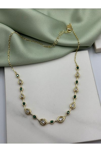 Duéra Gold Gold Tamtur Green Zircon Stone Melis Göral Brand Model Design Steel Necklace