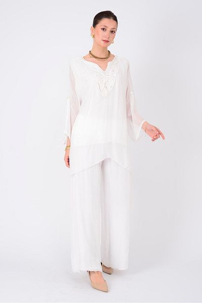 Park Moda 9446 Lace Detail V-Necklace Silk Bluz
