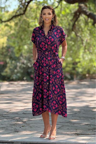 Nevin Kaya Moda Pink Belted Button Shirt Dress