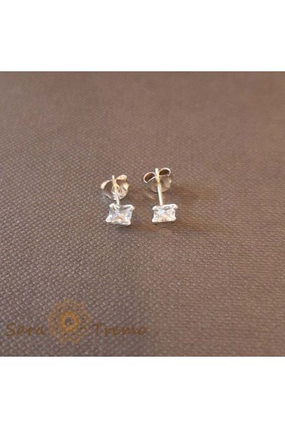 saratremo Unisex Earrings Silver 925 with White Square Zirconia Crystal, 4 mm