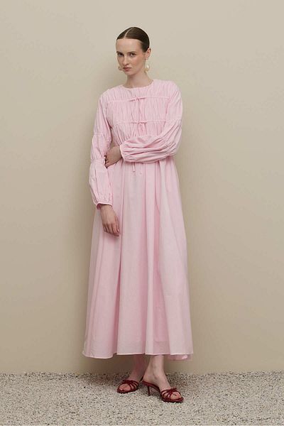 Fahhar Gathered Detailed Piping Tied Dress Pink