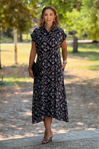 Nevin Kaya Moda Gray Belted Button Shirt Dress