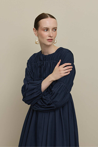 Fahhar Gathered Detailed Piping Tied Dress Navy Blue