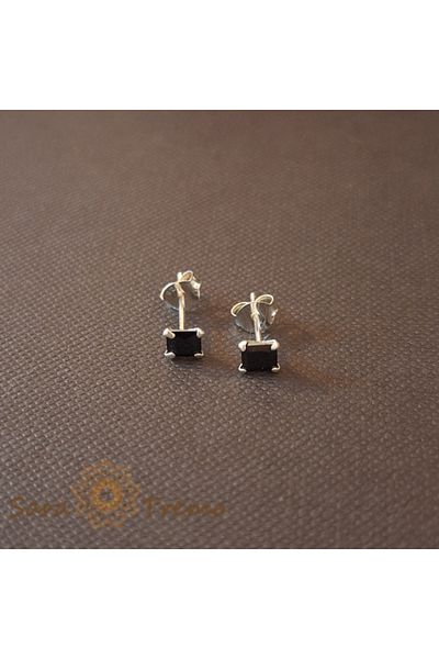 saratremo Unisex Silver Earrings 925 with Black Square Zirconia Crystal, 4 mm